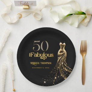Vijftig en Fabulous Gouden Jurk Zwart 50ste Verjaa Papieren Bordje