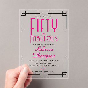 Vijftig en Fabulous Heet Roze Art Deco 50ste Verja Acryl Uitnodigingen