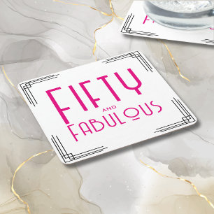 Vijftig en Fabulous Heet Roze Art Deco 50ste Verja Vierkante Kartonnen Onderzetter
