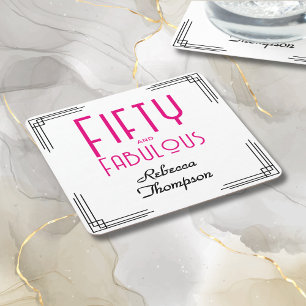 Vijftig en Fabulous Heet Roze Art Deco 50ste Verja Vierkante Kartonnen Onderzetter