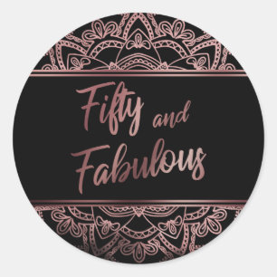Vijftig en Fabulous Nep Rose Goud Mandala op Zwart Ronde Sticker