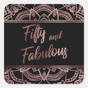 Vijftig en Fabulous Nep Rose Goud Mandala op Zwart Vierkante Sticker