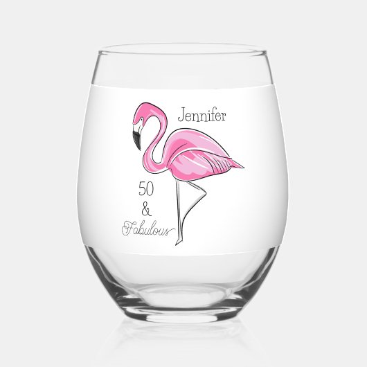 Vijftig en Fabulous Pink Flamingo Custom Wijnglas Zonder Voet (Achterkant)