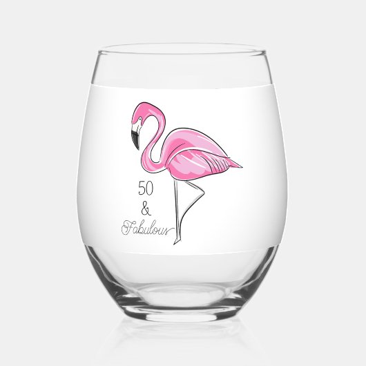 Vijftig en Fabulous Pink Flamingo Wijnglas Zonder Voet (Achterkant)