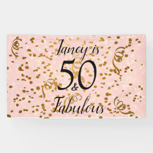 Vijftig en Fabulous Pink met Gold confetti Spandoek