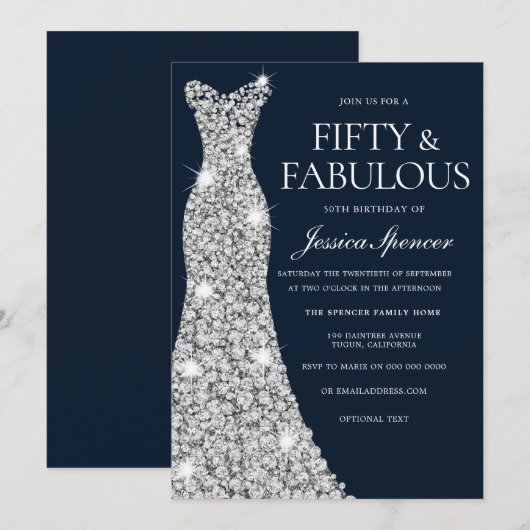 Vijftig en Fabulous Silver Diamond Gown 50th Birth Kaart (Voorkant / Achterkant)