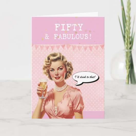 Vijftig en fantastische retro roze verjaardagskaar kaart (Voorkant)