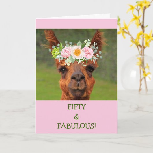 Vijftig en verbluffend lama Boho Birthday Kaart (Gele Bloem)