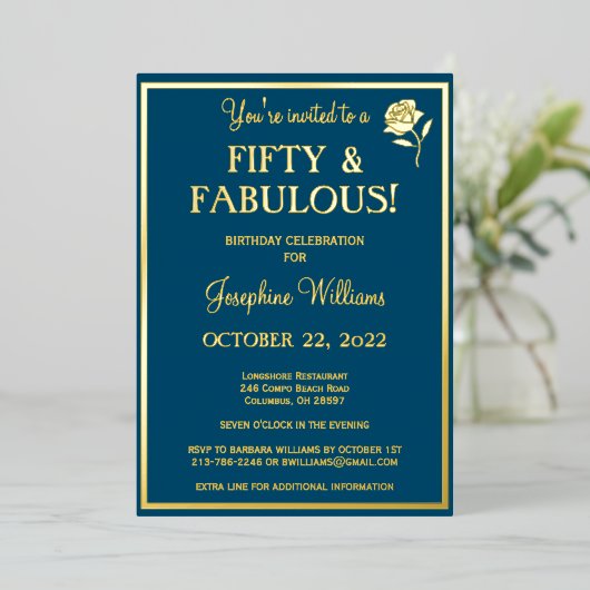 Vijftig en verbluffend oranje goud folie uitnodiging (Staand Voorkant)