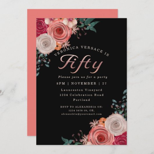 Vijftig fabelachtig koraal roos verjaardagsfeest kaart (Voorkant / Achterkant)