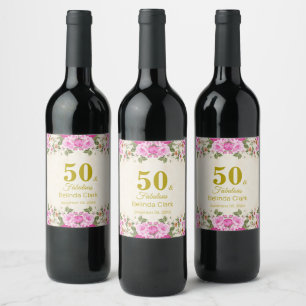 Vijftig & feestelijk met bloemen op sprankelende w wijn etiket