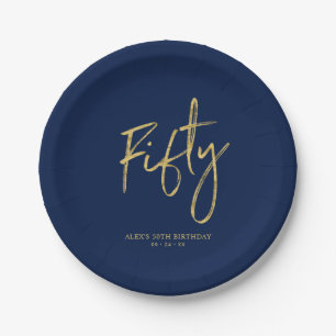 Vijftig   Goud & Navy Blauwe Lettering 50ste Verja Papieren Bordje