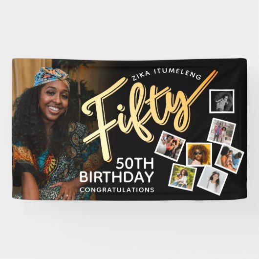 Vijftig gouden 50e verjaardag foto's op zwart spandoek (Horizontaal)