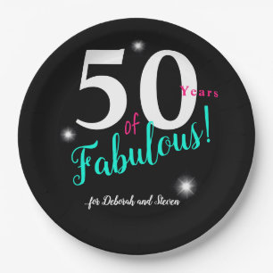 Vijftig jaar Fabulaire, roze, witte blauwgroen tek Papieren Bordje