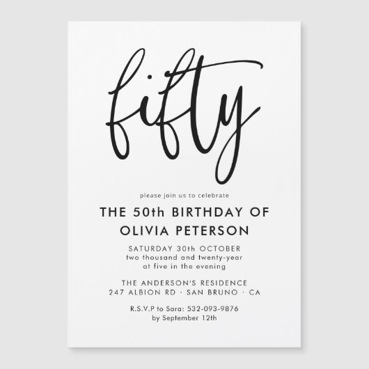 Vijftig | Modern 50e zwart-wit verjaardagsfeest Magnetische Uitnodiging (Voorkant)