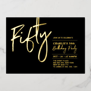 Vijftig Modern Zwart Goud 50ste Verjaardagsfeest Folie Uitnodiging