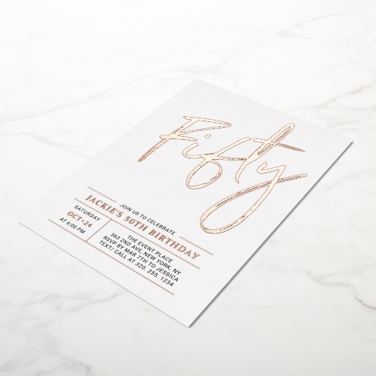 Vijftig Roos goud Moderne 50e verjaardag Folie Uitnodiging (Gedraaid)