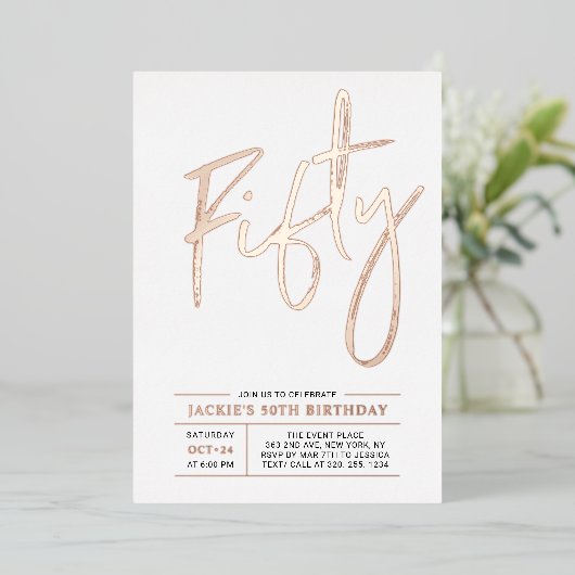 Vijftig Roos goud Moderne 50e verjaardag Folie Uitnodiging (Staand Voorkant)
