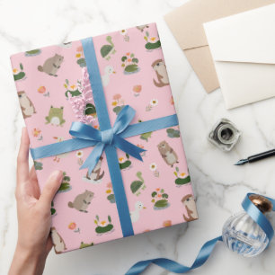 Vijver Dieren & Waterlelies op Licht Roze Cadeaupapier