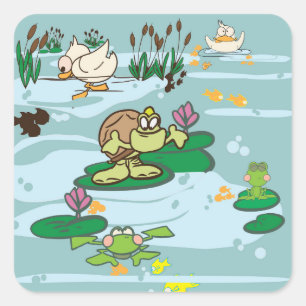 Vijverscène met cartoon Schildpad, eend, vis en ki Vierkante Sticker