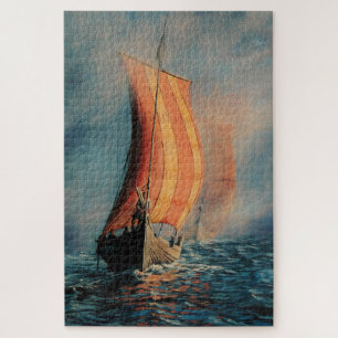 Viking beugschip met zeilen op het zee legpuzzel