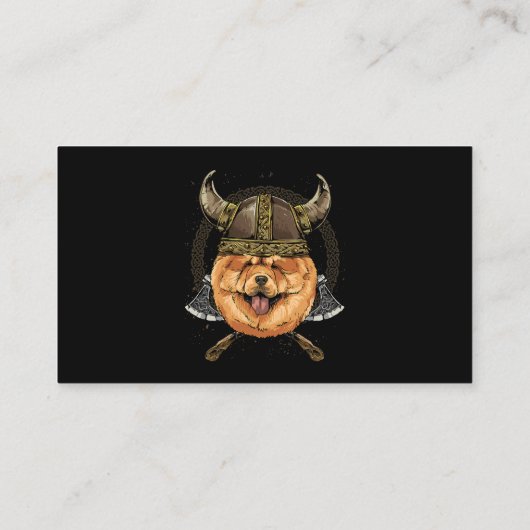 Viking Chow Chow Dog met Viking Helmet Mjolnir Ax Visitekaartje (Achterkant)