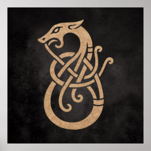 Viking Dragon Knot – Oud Noors symbool op zwart Poster