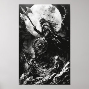 Viking Fury Zwart-wit Acryl Illustratie P Poster