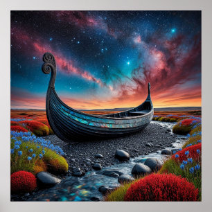 Viking-langskip in een levendig landschap poster