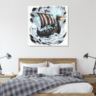 Viking op draaksschip canvas afdruk