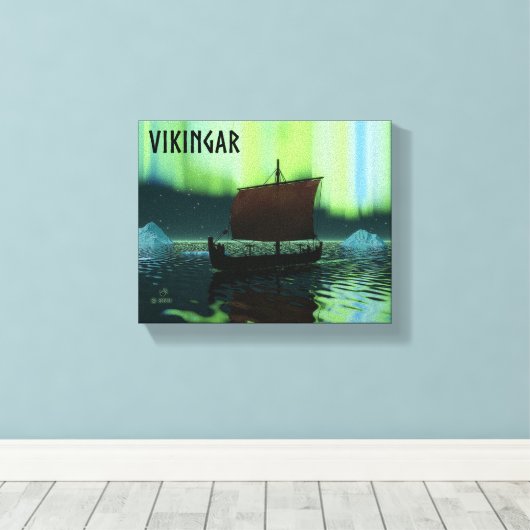 Viking Ship under Northern Lights Canvas Afdruk (Insitu (Houten vloer))