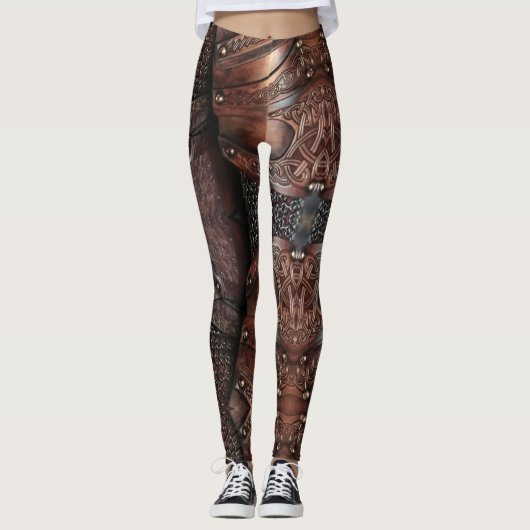 Viking Vest Armor Brown Leather Abstract Leggings (Voorkant)