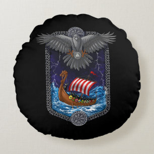 Viking Warrior Ship Raven Rond Kussen