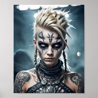 Viking zorgzame vrouw met rune tattoo en oorlogste poster