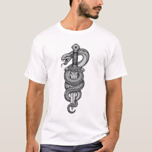 Viking-zwaard met donkere tatoeage van gekronkelde t-shirt