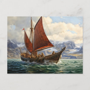 Vikingboot vaart op Noord-zee. IJslands Briefkaart