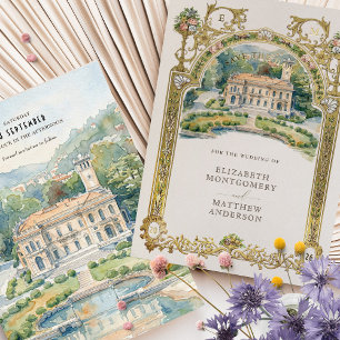 Villa Erba Lake Como Aquarel Trouwfeest Folie Uitnodiging