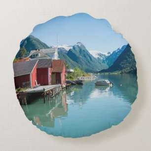 Village and a fjord in Norway round pillow Rond Kussen