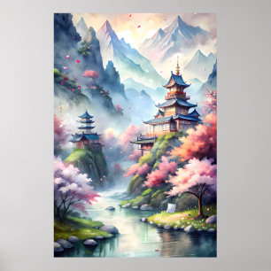 Village aquarelle japonais   Impression de paysage