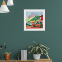 Village coloré sur une colline - Impression d'art