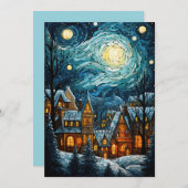 Village de Noël bleu Art Carte plate de vacances (Devant / Derrière)