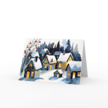 Village d'hiver cosy Carte de Noël à l'aquarelle 