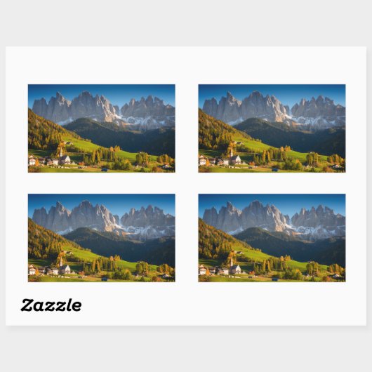 Village Dolomites en automne autocollant rectangul (Feuille)