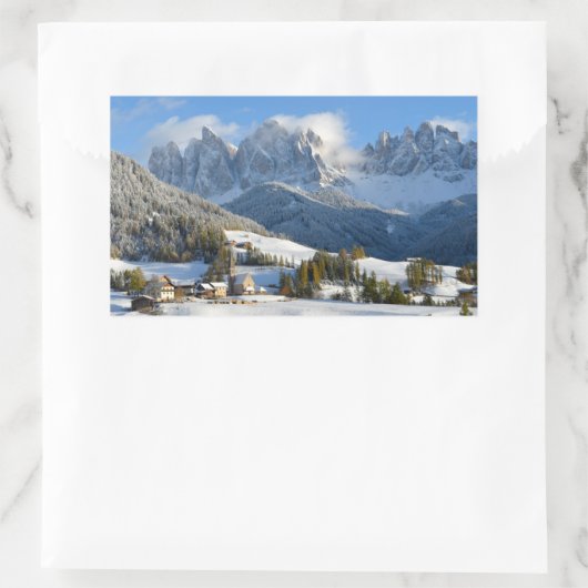 Village Dolomites en hiver autocollant rectangulai (Sac)