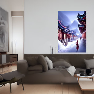 Ville coréenne dans la neige AI Art Poster