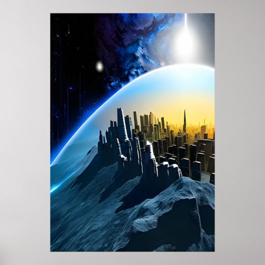 Ville sur un rocher spatial | AI Art Poster (Devant)