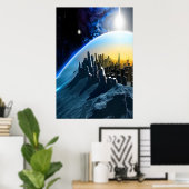 Ville sur un rocher spatial | AI Art Poster (Bureau à domicile)