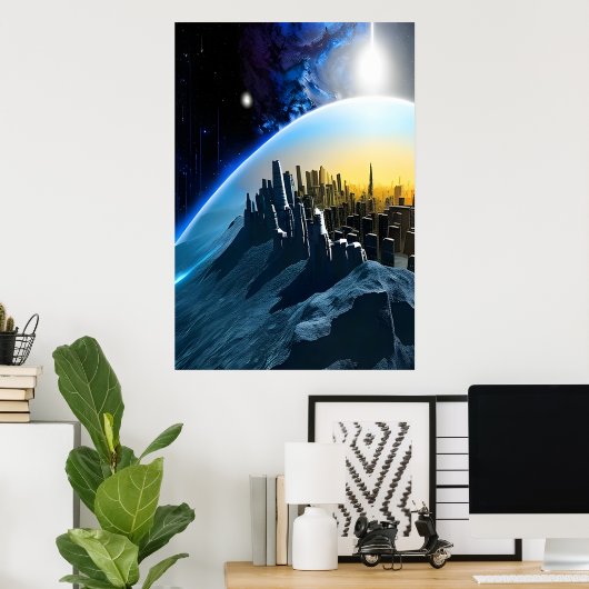 Ville sur un rocher spatial | AI Art Poster (Bureau à domicile)