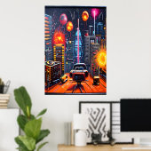 Ville, toit et feu d'artifice| AI Art Poster (Bureau à domicile)