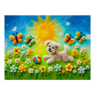 Vilt hond rent achter bal in weide perfect poster
